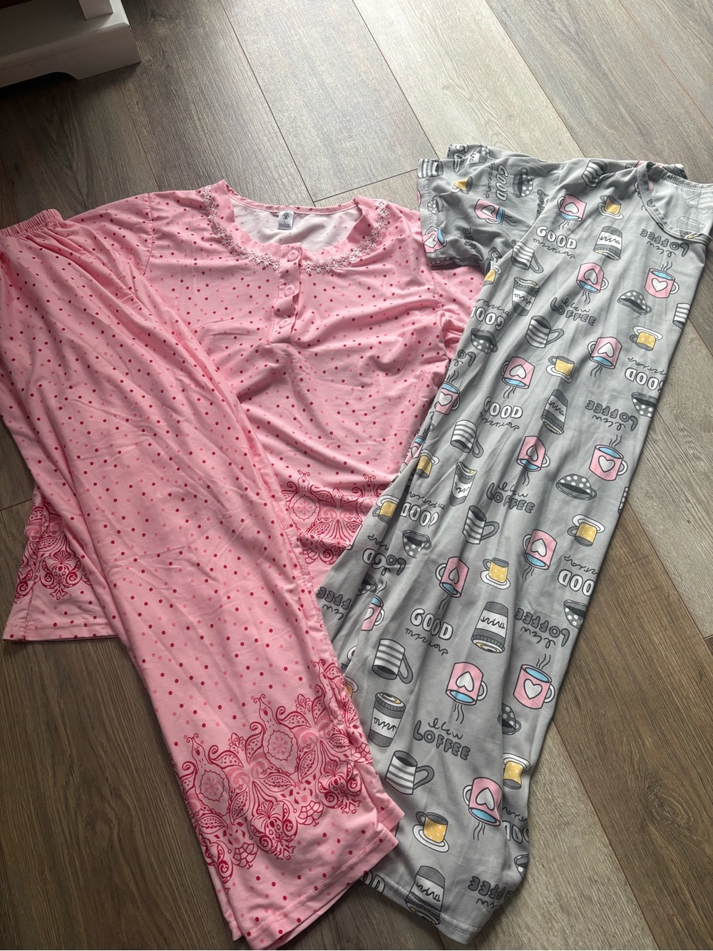 Cozy Pink Polka Dot & Gray Coffee Print Nightgowns - 2 Pack